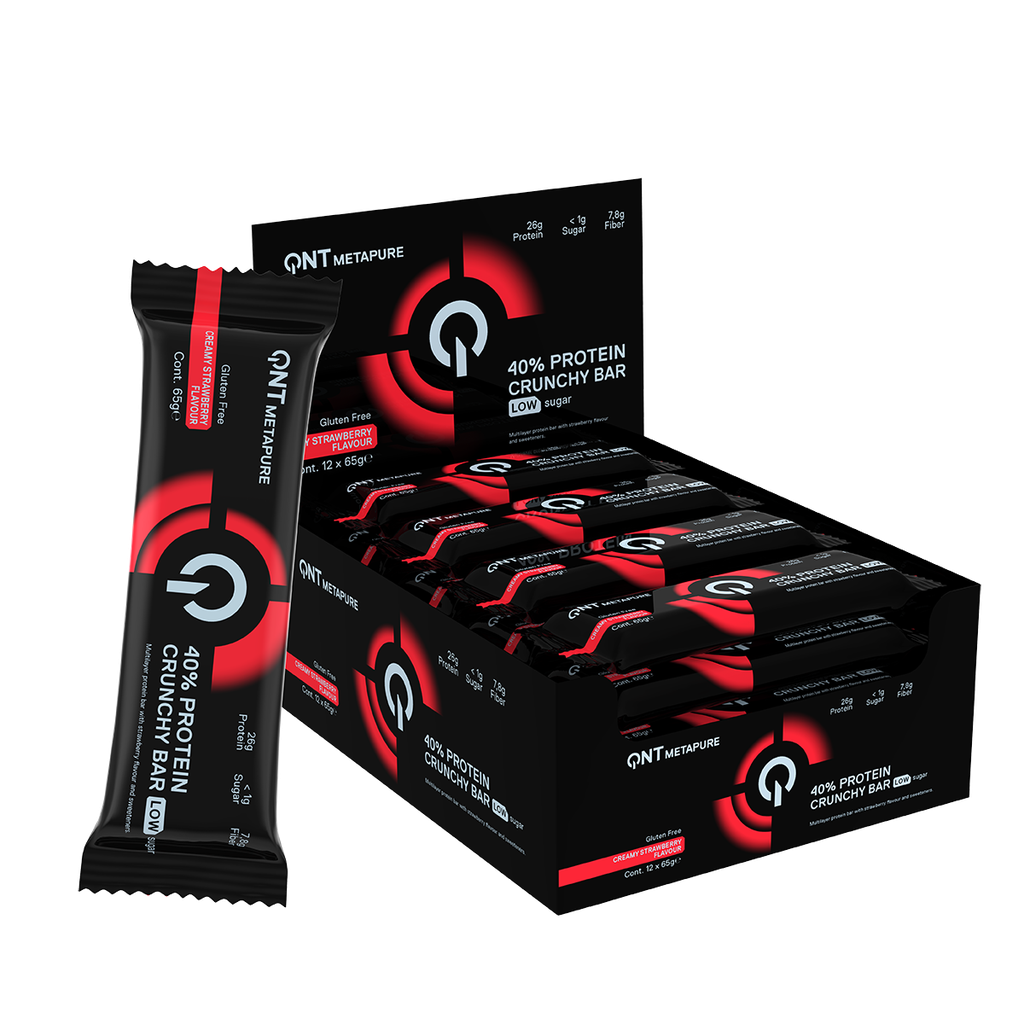 QNT METAPURE - 40% Protein Crunchy Bar Low Sugar - Creamy Strawberry - 12 x 65g